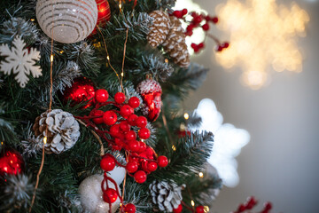 Christmas Tree with Decoration On A Winter Background With Bright Lights