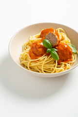 Close up of tasty spaghetti with meat balls selective focus