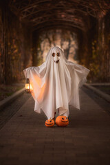 White ghost with a lamp in his hand and pumpkins in the park at night. Halloween. Autumn concept.