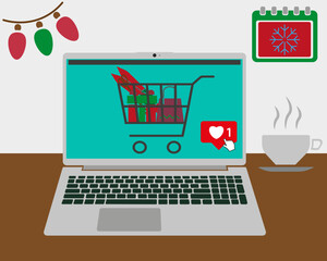 Christmas online shopping. Flat cartoon vector illustration with laptop screen, winter holidays sales.