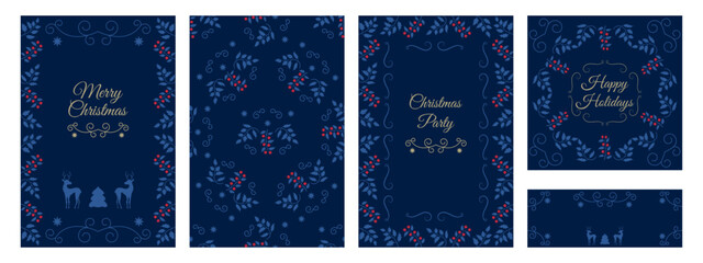 .Universal templates for Christmas cards, greetings and corporate invitations with floral ornament frames, deer and holly branches. Vector illustration. Flat design..