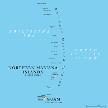 Guam and Northern Mariana Islands, political map. Two separate unincorporated territories of the United States of America in the Micronesia subregion of the Western Pacific Ocean. Illustration. Vector
