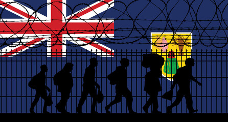 Flag of Turks and Caicos Islands - Refugees near barbed wire fence. Migrants migrates to other countries.