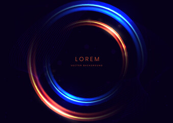 Abstract technology futuristic neon circle glowing blue and red light lines with speed motion blur effect on dark blue background.