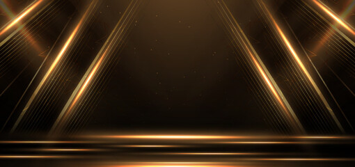 Elegant golden scene diagonal glowing with lighting effect sparkle on black background. Template premium award design.