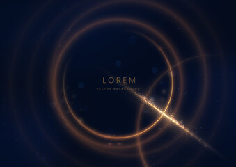 Gold circle frame luxury on dark blue background with lighting effect and sparkle with copy space for text.