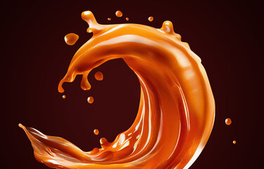 Caramel flying in the form of a wave, isolated on a dark brown background.