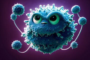 The character of an angry coronavirus particle under a microscope. - obrazy, fototapety, plakaty