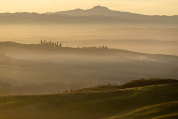 Scenic view of the sunrise in Toscana, Italy. Golden sunrise light in Toscana.