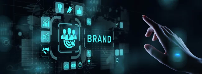Fotobehang Brand words cloud on virtual screen. Branding, Marketing and Advertising concept. © WrightStudio