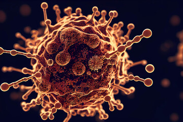 Detailed coronavirus particle under a microscope.