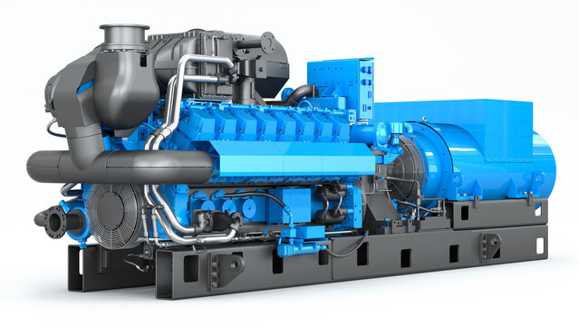 Large blue diesel generator on a white background. 3d illustration