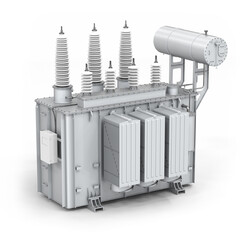 High voltage power transformer on a white background. 3d render