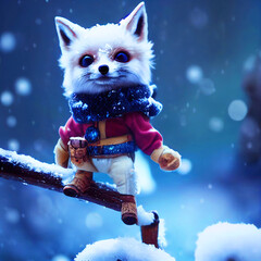 A cute character of a white snow fox standing on a branch in the forest.