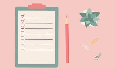 Checklist on a clipboard paper. Successful completion of business tasks. Vector Illustrations.