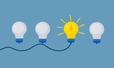 Set of light bulbs with one glowing. Trendy flat vector light bulb icons with concept of idea on blue background.