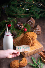 Preparing treat for Santa Claus. Kid putting milk and cookies near Christmas tree.