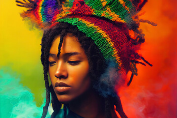 Jamaican girl in a rastaman hat on a background of colored smoke.
