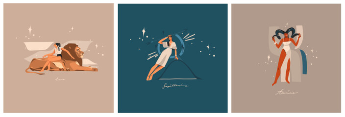 Hand drawn vector abstract graphic illustrations with zodiac astrological contemporary fire signs symbols collection set, magic boho female characters,clipart boho design,feminine astrology concept.