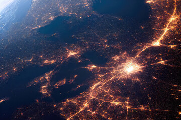 Night cities illuminated by lanterns, view from orbit from space.