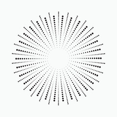 Radial halftone dots in Circle Form. Dotted fireworks explosion background. Starburst round Logo. Circular Design element. Abstract Geometric star rays.