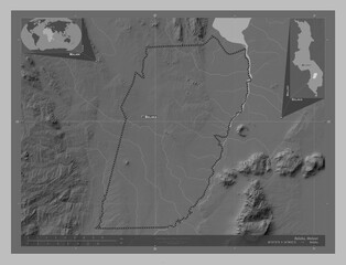 Balaka, Malawi. Grayscale. Labelled points of cities