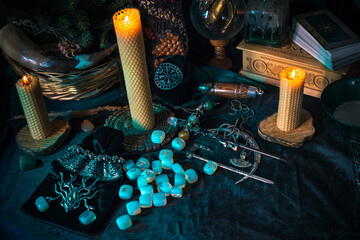 Scandinavian, Nordic concept, old world magic. Rite, pagan scene, North witch altar