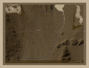 Balaka, Malawi. Sepia. Labelled points of cities