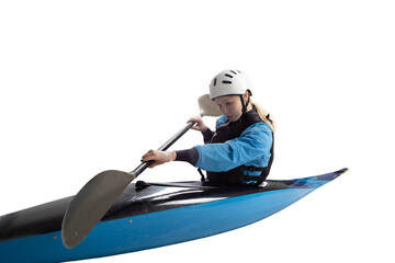 Woman in a kayak isolated on white - obrazy, fototapety, plakaty