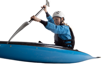 Woman in a kayak isolated on white