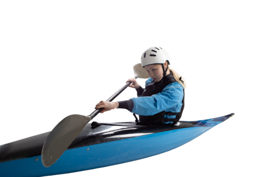 Woman in a kayak isolated on white