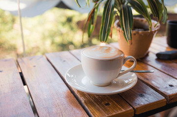 Hot Latte in white cup on wooden table and plant decorated in coffee shop