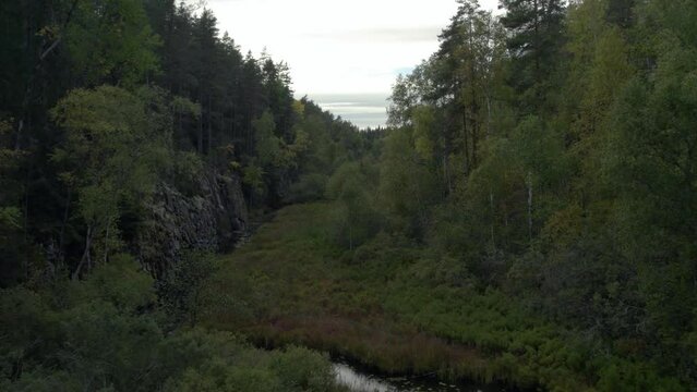 Fly low through valley in autumn Sweden prt 1