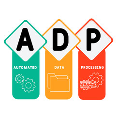 ADP - Automated Data Processing acronym. business concept background.  vector illustration concept with keywords and icons. lettering illustration with icons for web banner, flyer, landing