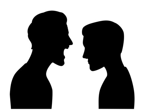 Reprimand. Silhouette of angry man and sad man. The father scolding his son. Wrangle.