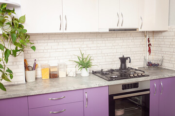 Kitchen purple, lavender color, white cabinets, green flowers, black oven.