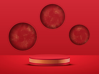 Illustration Vector Design of 3d Product Backdrop with Display Podium in Red Tone