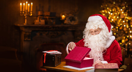Workplace of Santa Claus. Cheerful Santa is conjuring over the gift box while sitting at the table....