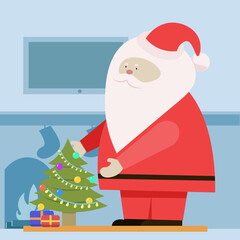 Santa Claus decorates a festive Christmas tree on the background of the fireplace