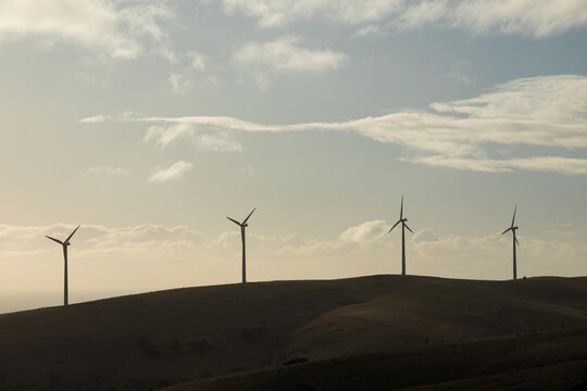 Silhouetted row of wind turbines on a hill in a paddock