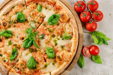 Fresh hot cheese pizza on the concrete background