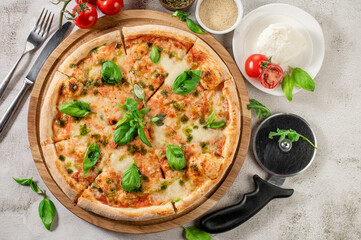 Fresh hot cheese pizza on the concrete background