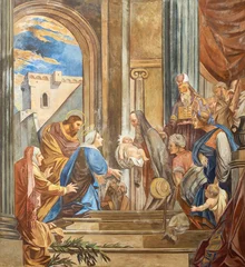 IVREA, ITALY - JULY 15, 2022: The fresco of Presentation of Jesus in the Temple in the church Santuario Monte Stella from middle of 20. cent. © Renáta Sedmáková