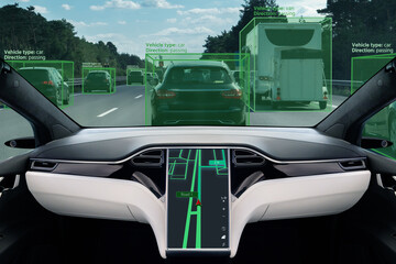 Self driving car on a road. Autonomous vehicle. Inside view.	