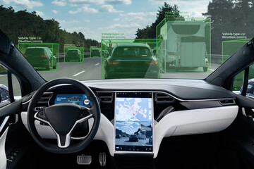 Fototapeta premium Self driving car on a road. Autonomous vehicle. Inside view. 