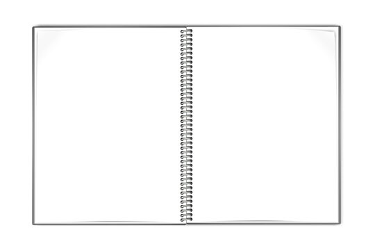 Open wire bound notebook vector mock-up. Spiral notepad blank white pages mockup. Wirebound notepad spread template