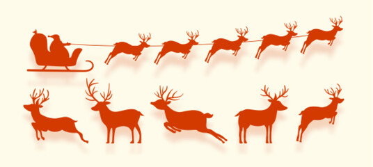 silhouette of santa claus flying on sleigh with reindeer design in set © starlineart
