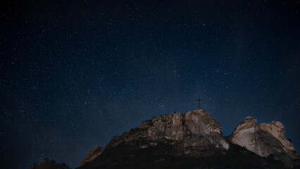 Biakło mountain in Poland with starred night sky background