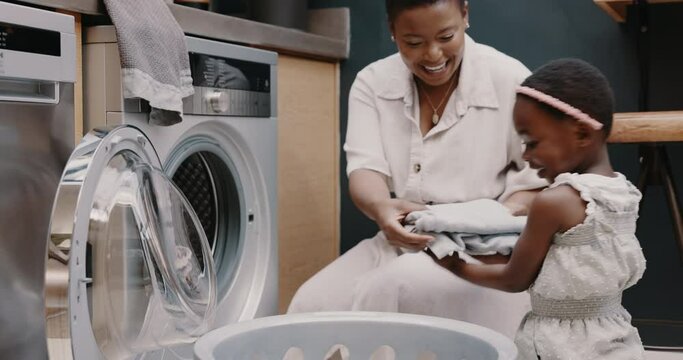 Mom, Child Smile And Teaching Laundry Together In Washing Machine Technology For Clean, Fresh Smelling Clothing And Fast Work. Happy Black Mother, Girl Learning Housework And Household Chore