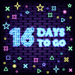 16 Days To Go Neon Sign Vector. Glowing with colorful neon light. Neon text. Isolated on black background. Vector Illustration